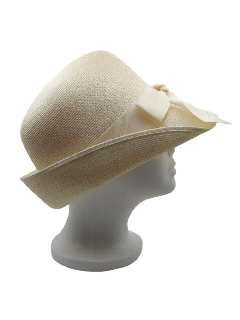 Union Made Jute Hat Beige W/ Bow USA Summer Lightweight Vintage MCM Cottagecore